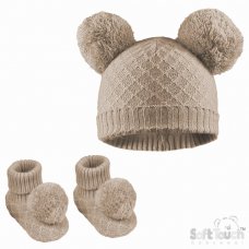 H610-BI: Biscuit Pom Pom Hat & Bootee Set (0-6m)